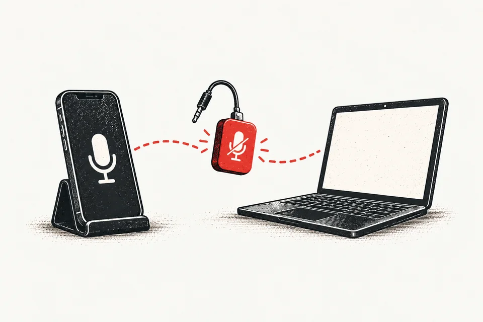 A smartphone on a small stand sends a signal to a laptop whose red mute switch hangs unplugged, out of reach.